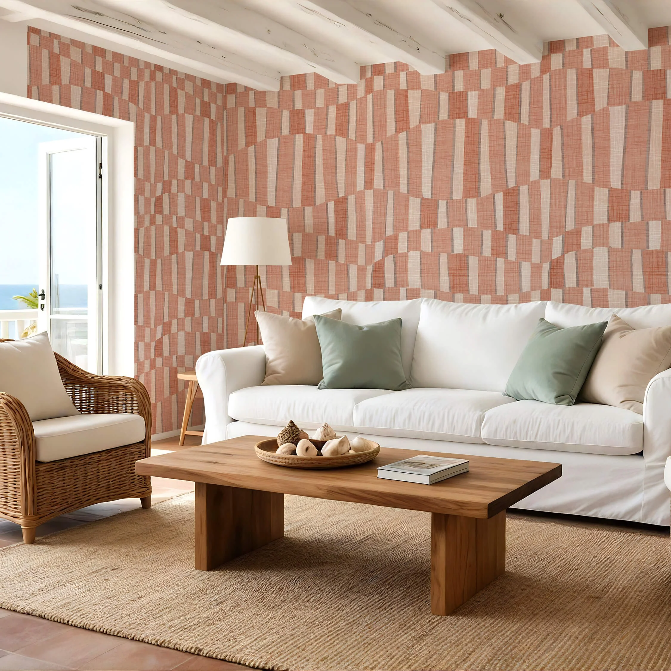 Living room with a white sofa, wicker armchair, wooden coffee table with decorative stones, and a block weave ,mid century inspired wallpaper in shades of terracotta red and beige. There's a floor lamp and a window with a view of blue sky and ocean.