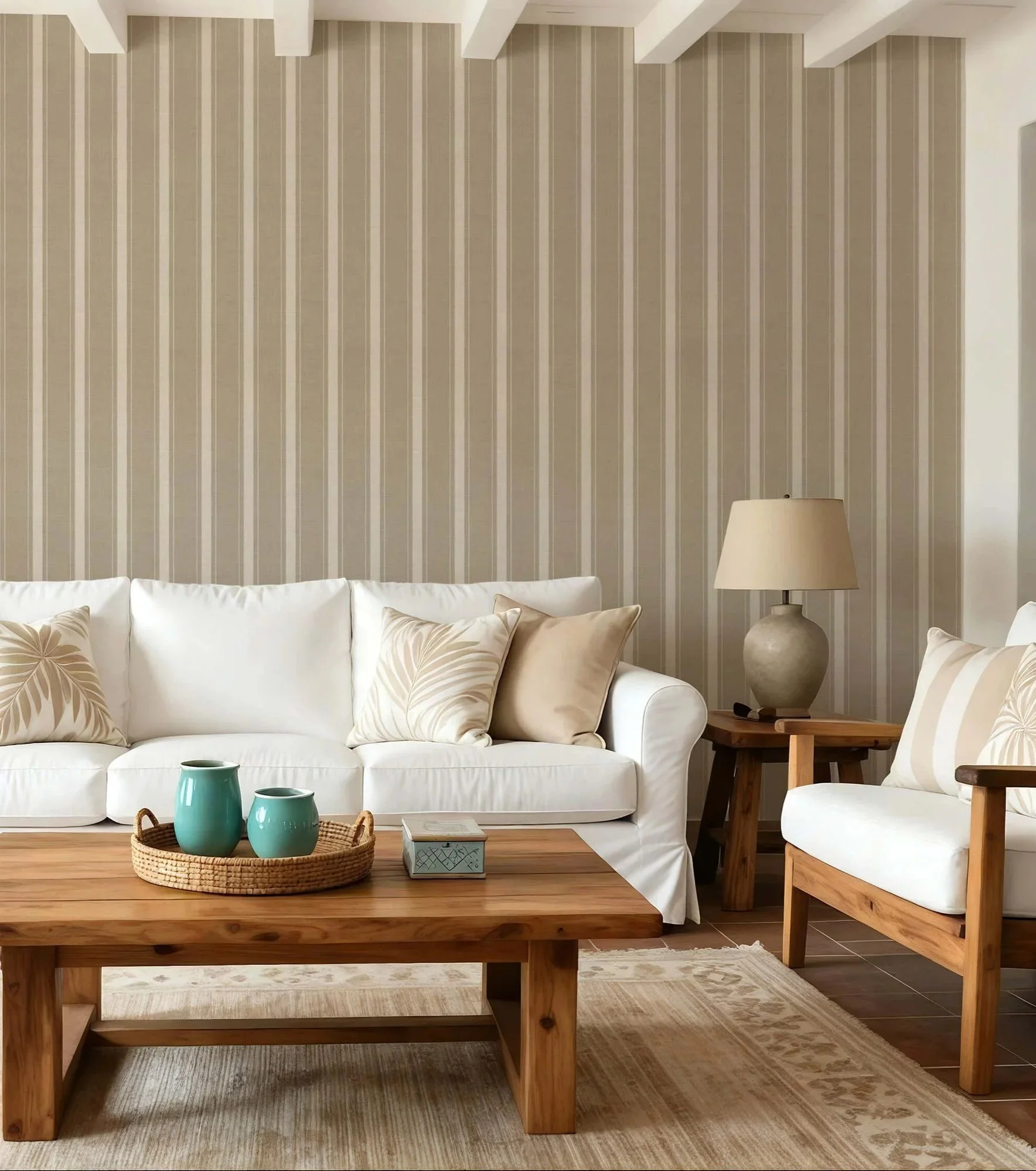 Striped khaki and beige textured peel and stick wallpaper on a living room accent wall, styled with a white sofa, neutral patterned pillows, wooden coffee table, side tables, and table lamp with neutral rug