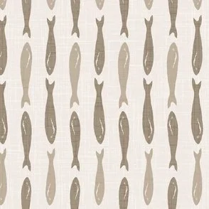 Sardines fish in a vertical pattern in coffee beige brown on a soft beige background in a mediterranean style wallpaper design
