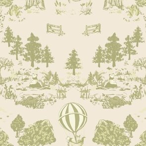 Peel and stick nursery wallpaper with Winnie the Pooh in Avocado Green and Cream with woodland toile scenes and hot air balloons on a white background,
