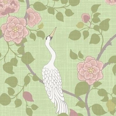 long neck white crane birds on pastel lime green with delicate pink florals and green leaves in a Victorian style design