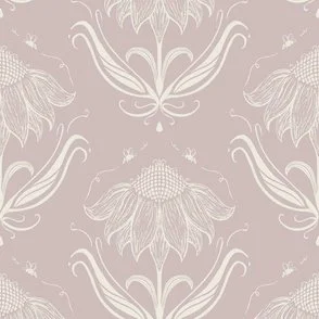 light cream and lilac pink batik sunflower with bees in a block print style design