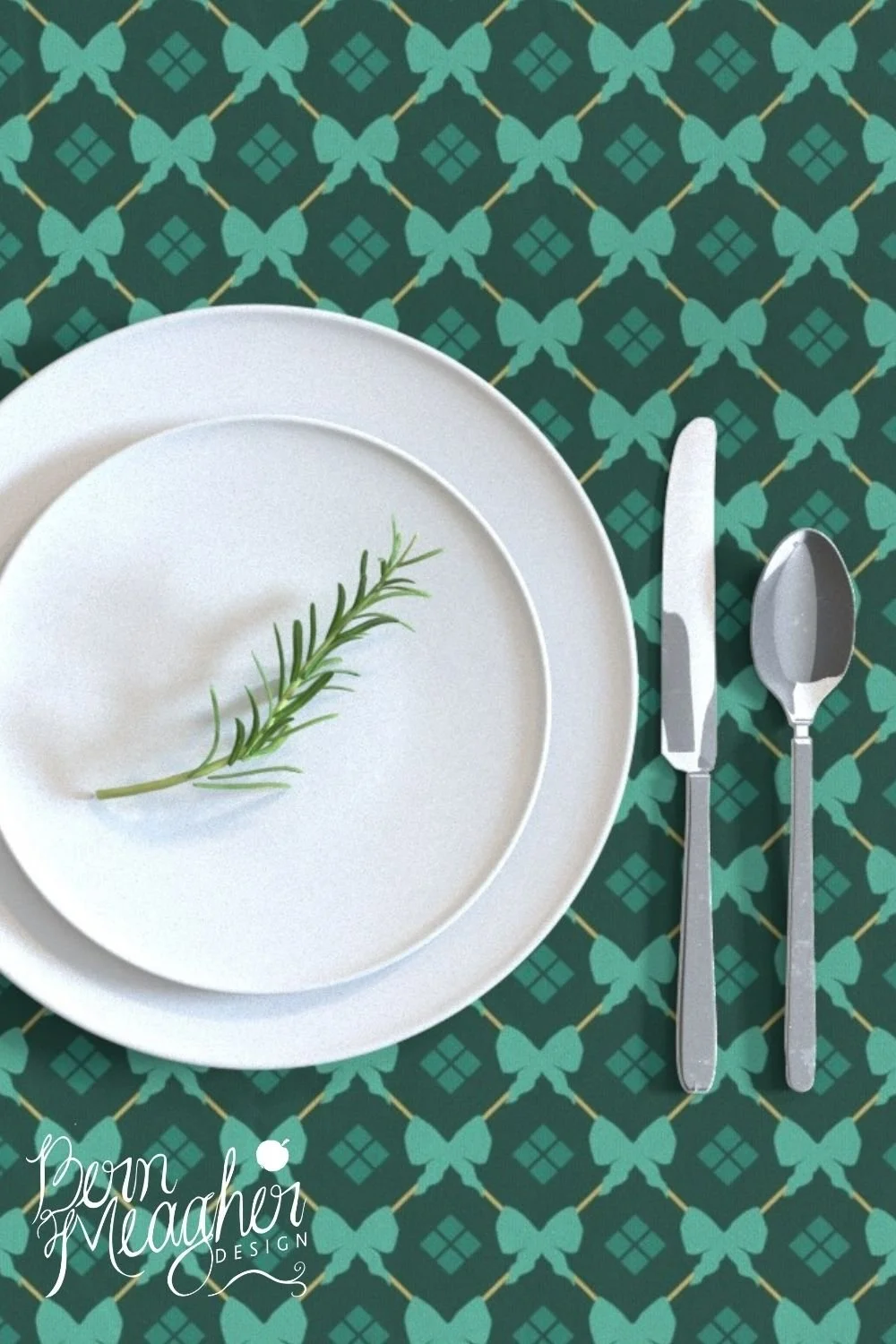 Emerald green preppy wallpaper with repeating bow design beneath a white dinner plate and silver flatware, styled as a dining table setting.
