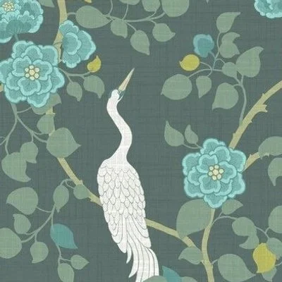long neck white crane birds on dark teal aqua with delicate blue florals and green leaves in a Victorian style design