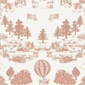 Peel and stick nursery wallpaper with Winnie the Pooh in Terracotta Clay Orange with woodland toile scenes and hot air balloons on a linen background,