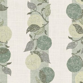The pattern features vertical stripes with hand-drawn limes branching against a soft, textured background. The palette includes muted yellows, blues, and greens, creating a calm and fresh atmosphere