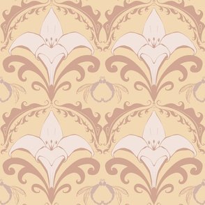Vintage cosy stylised white lily and dragonfly motifs on a light butter yellow background with tan and pink in art nouveau style design