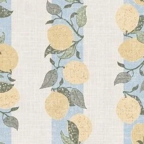 This pattern features hand-drawn lemons with leaves arranged in vertical stripes against a soft, textured background. The color palette includes muted yellows, greens, and soft blue, creating a calm and vintage-inspired vibe with a linen look.