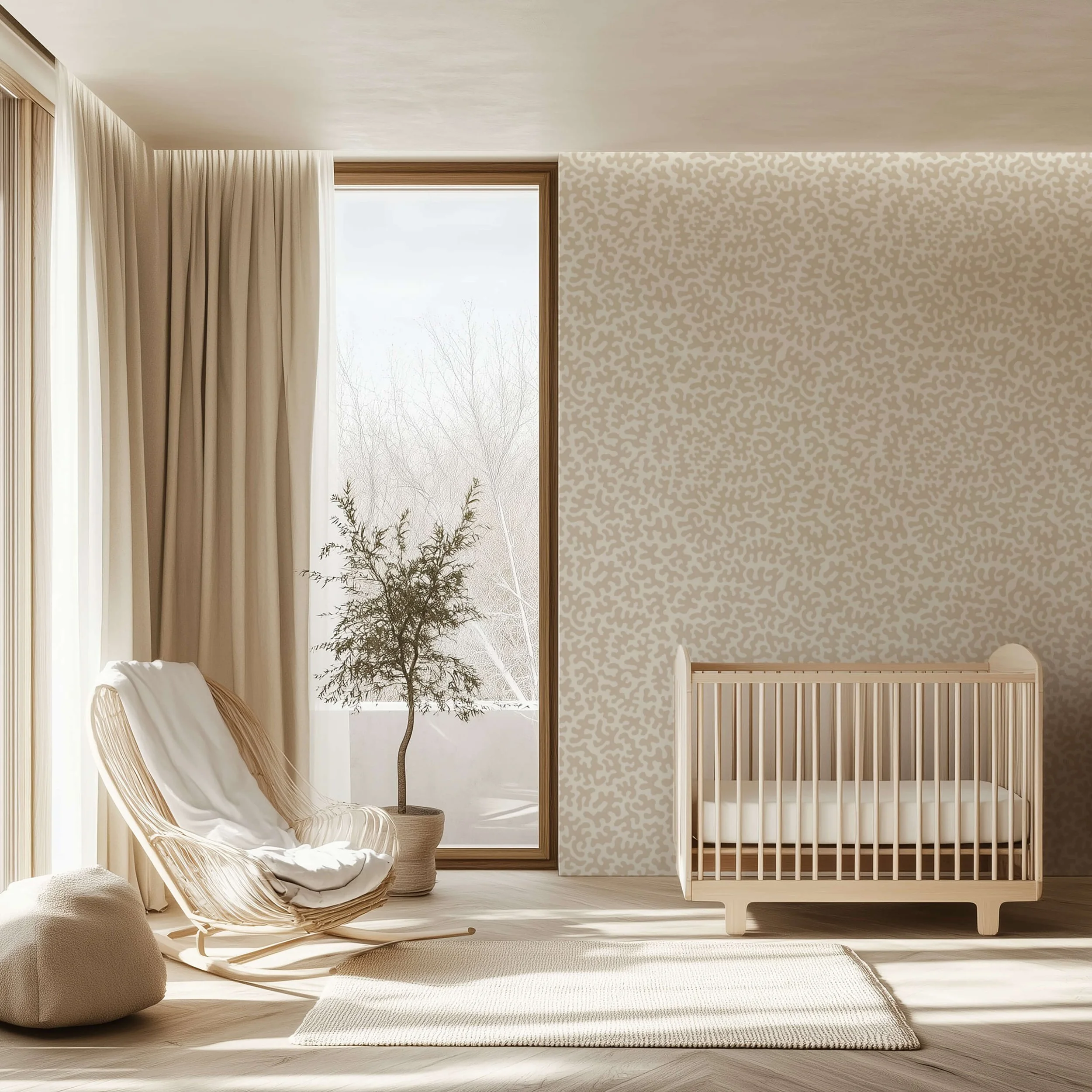 Neutral doodle wallpaper in soft beige tones covering nursery walls, paired with light wood crib and rattan rocking chair, natural light fills the serene nursery space.