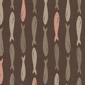 Sardines fish in a vertical pattern in soft beige, khaki brown & accent terracotta clay on a dark coffee brown background in a mediterranean style wallpaper design