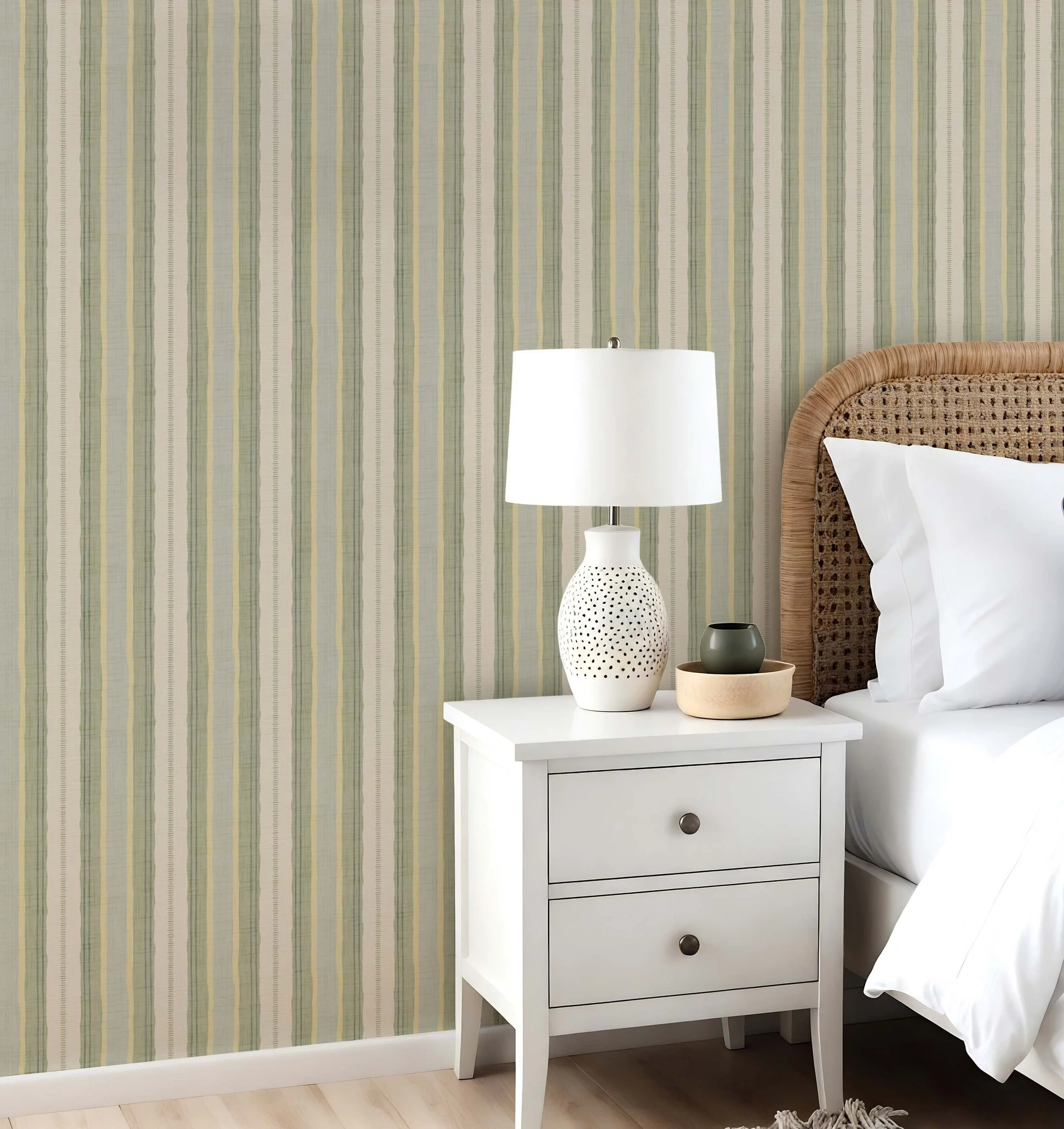 Striped peel and stick wallpaper in soft sage green and muted yellow tones in a bedroom setting featuring a white nightstand, textured wicker headboard, and white bedding. Subtle and linear pattern, lending a calm, coastal-inspired feel to the space.