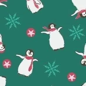 Sweet white Penguins on Jade Emerald green and pale teal snowflakes for holidays with playful feel design.jpg