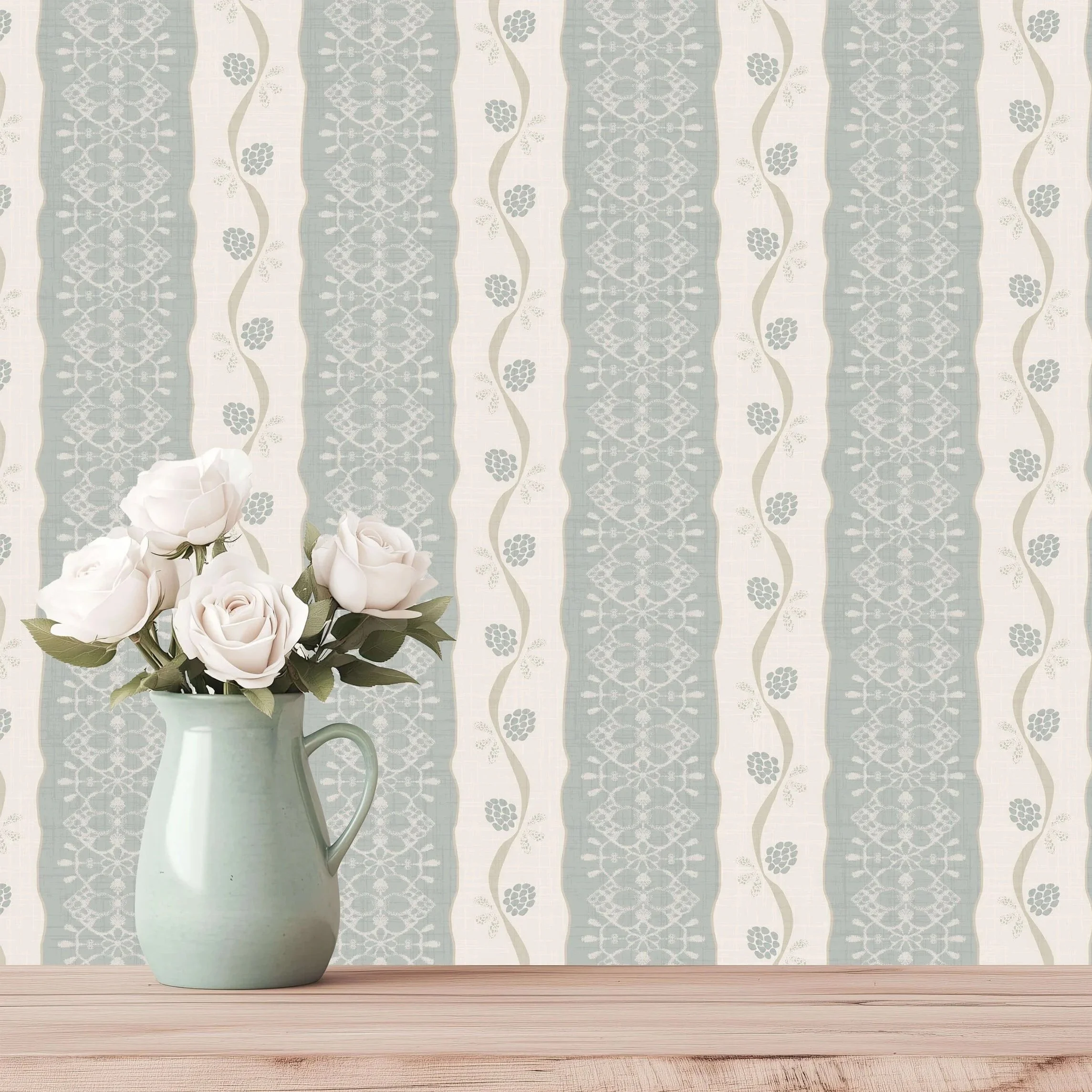 smoky grey blue and cream striped wallpaper with blue berries on vines behind white roses in teal jug on wooden mantelpiece