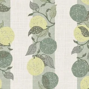 The pattern features vertical stripes with hand-drawn limes branching against a soft, textured background. The palette includes muted wasabi yellows, and greens, creating a calm and fresh atmosphere