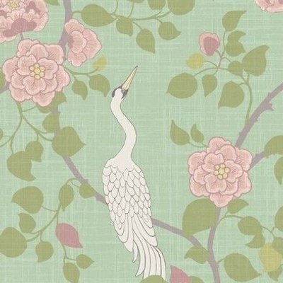 long neck white crane birds on pastel jade mint green with delicate pink florals and green leaves in a Victorian style design