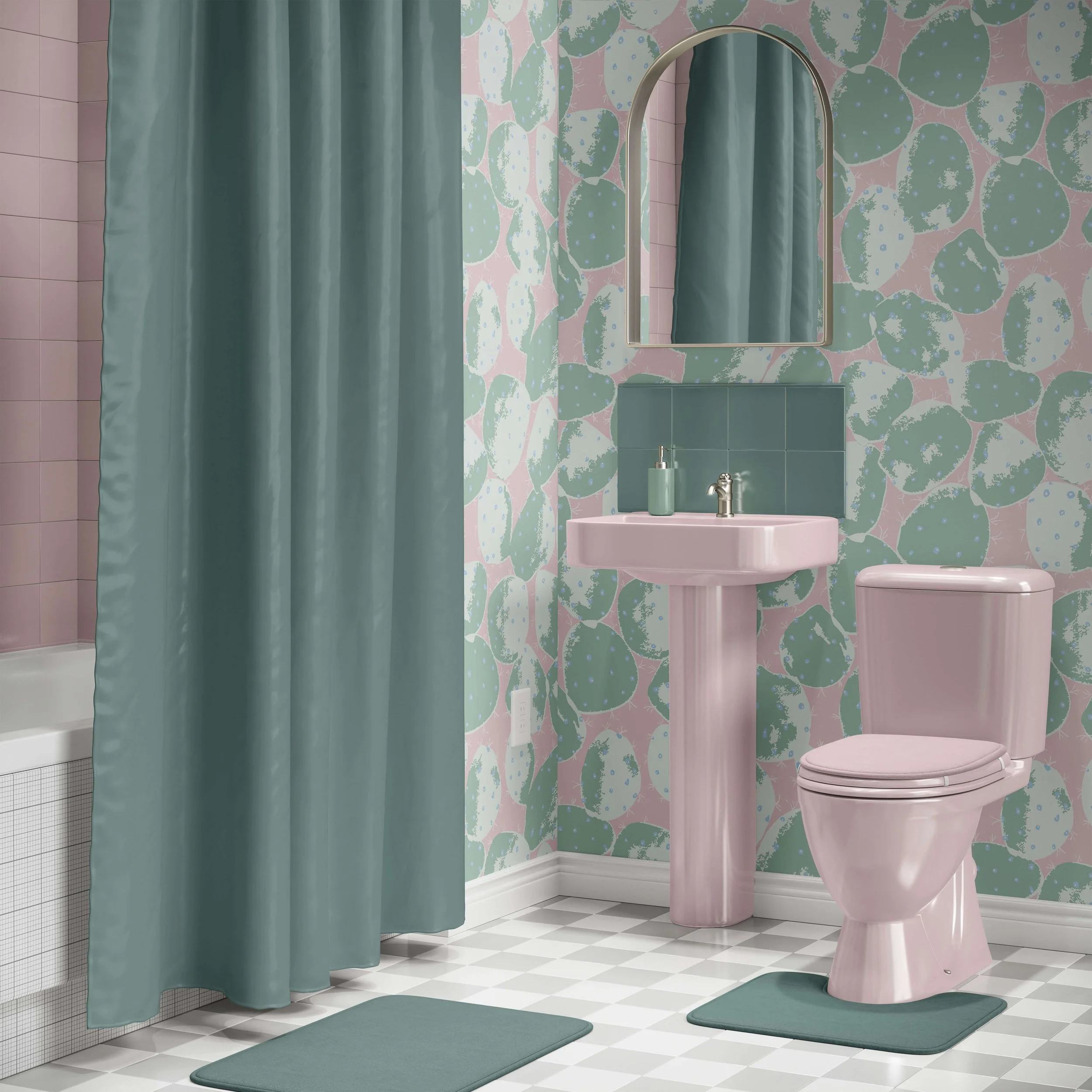 Pink and green cactus pads vinyl wallpaper in a modern cowgirl inspired bathroom featuring a blush pink pedestal sink, matching pink toilet, teal shower curtain, teal square wall tiles, arched mirror, and checkerboard floor.
