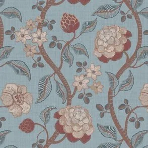 arts and crafts style large stylized floral on curved lattice with stitching look design with russet red and blue on pale blue