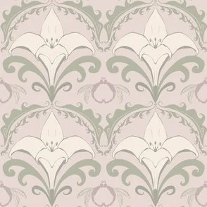 Art Nouveau Floral Lily and Dragonfly motifs on a pastel vintage pink background