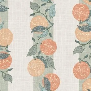Farmhouse-style wallpaper in warm muted oranges and sage greens with textured sage green stripes featuring citrus fruit and leafy branches,