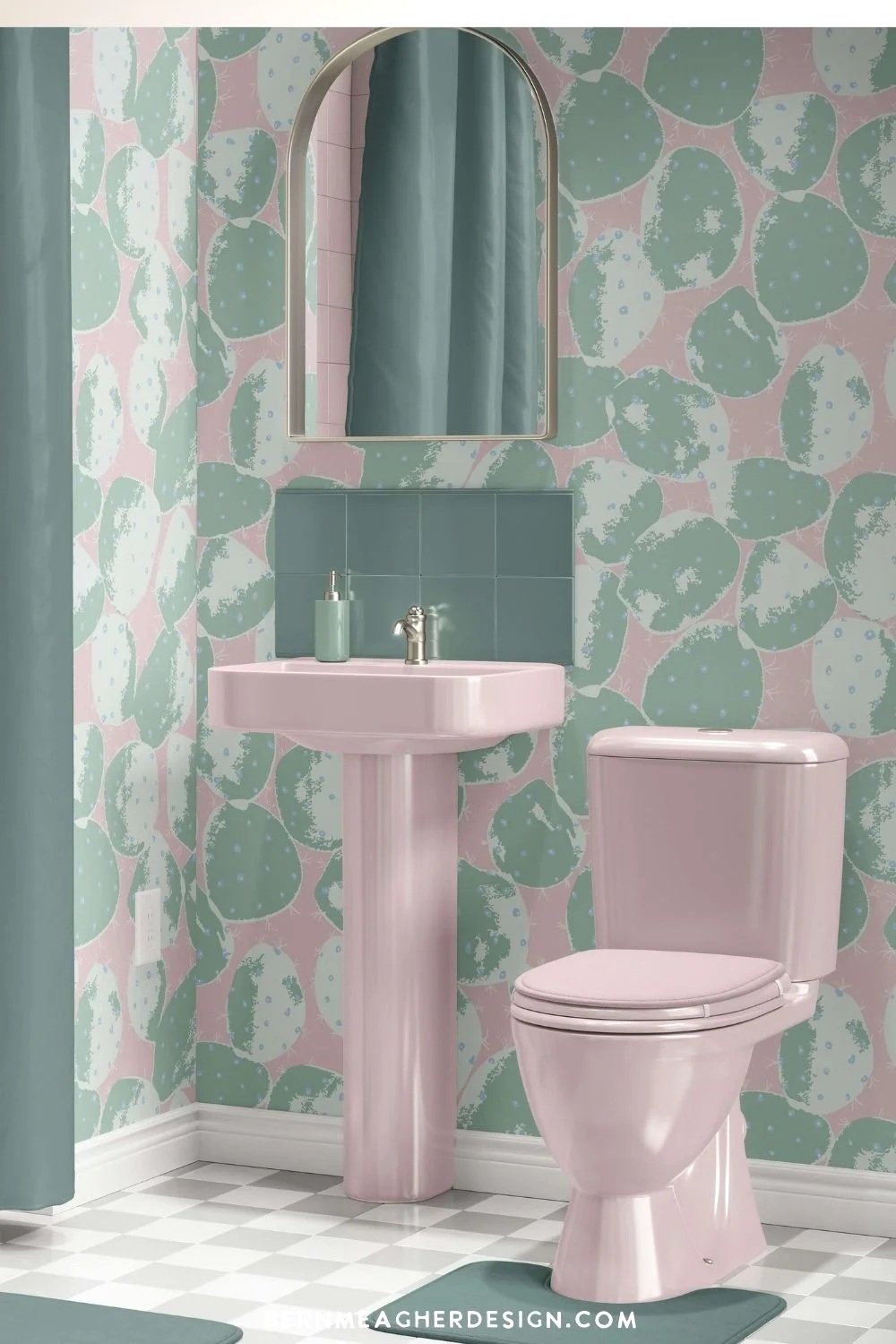 Pink and green cactus pads vinyl wallpaper in a modern bathroom featuring a blush pink pedestal sink, matching pink toilet, teal shower curtain, teal square wall tiles, arched mirror, and checkerboard floor.