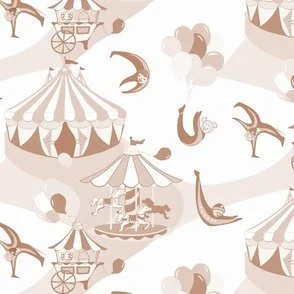 pastel cinnamon red brown and white circus funhouse design with big top tent, carousel horses and acrobats in spotlights.