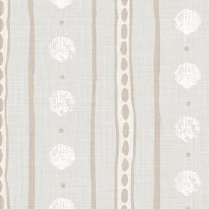 soft faded pastel bone beige textured wallpaper design with soft white block print seashells and organic mocha brown stripes giving coastal airy vibe.
