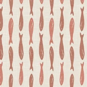 Sardines fish in a vertical pattern in muted terracotta on a creamy background in a mediterranean style wallpaper design