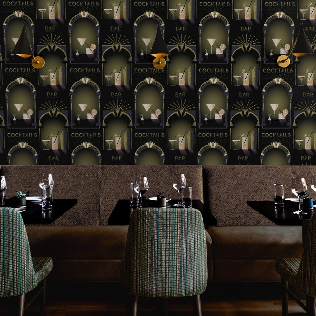 Dark wallpaper with black, cool gold and soft purple Art Deco style cocktail illustrations and radiant sunburst patterns, styled in a modern lounge setting.