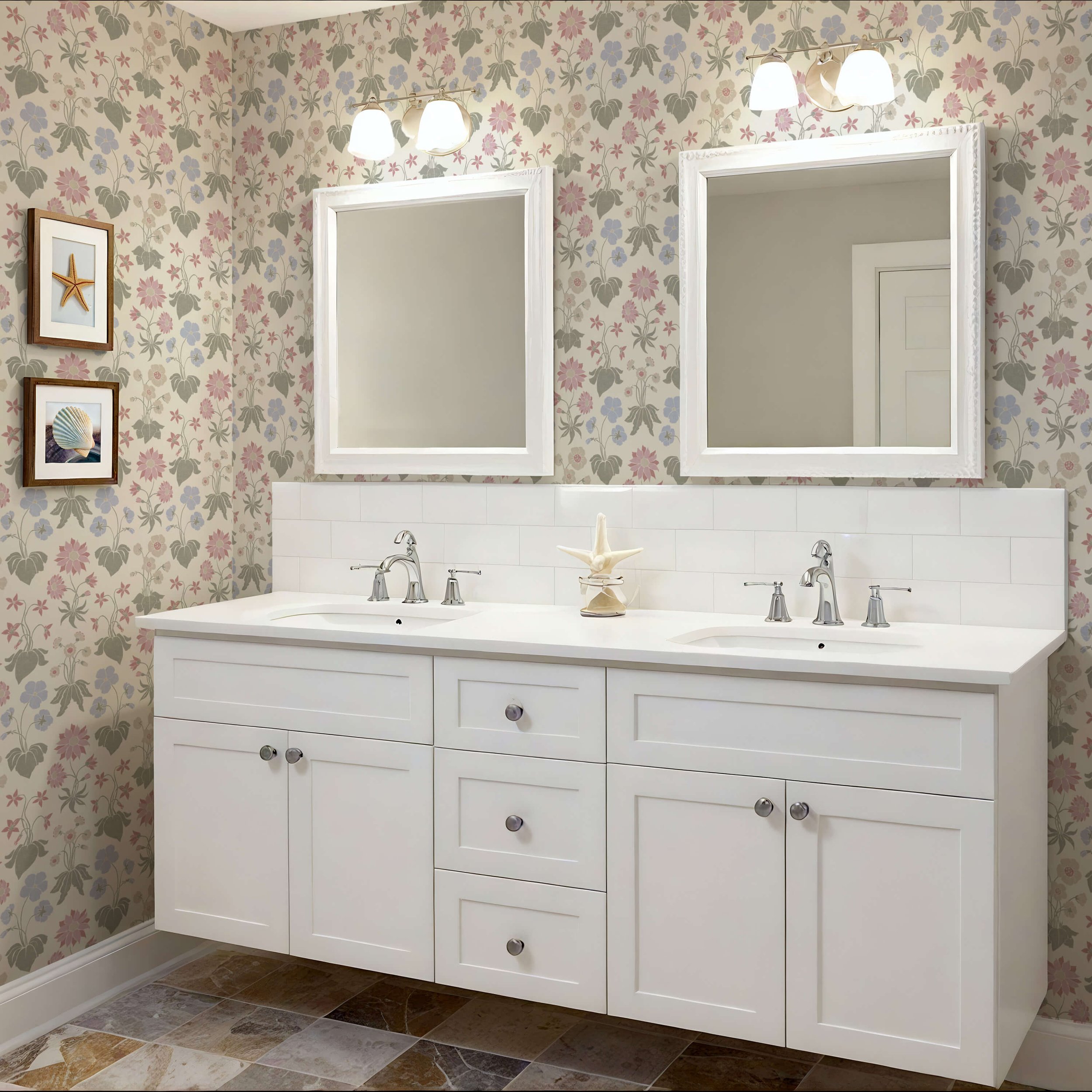 Pastel floral vinyl wallpaper in a traditional bathroom, featuring an allover pattern of pink, blue, and sage green flowers on cream walls, white double vanity with shaker cabinets, chrome faucets, white framed mirrors, and wall sconces.