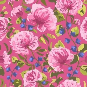 trailing bright pink peony blooms with lime and blue on bright pink
