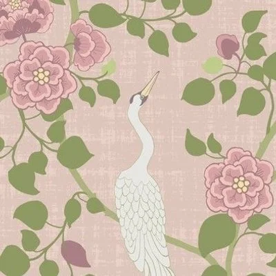 long neck white crane birds on warm pink with delicate pink florals and green leaves in a Victorian style design