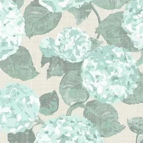 Large-scale hydrangea-style floral with full blooms and leaves fills the surface using soft jade teal, blue-greens, and cool neutrals on a creamy linen ground that hints at a subtle linen texture; the look is dense, painterly, and calm yet dramatic.