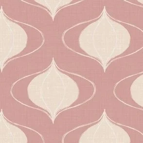 warm pink muted and warm cream vintage aged ogee onion shape textured wallpaper pattern