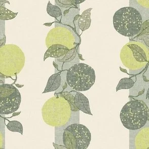 The pattern features vertical stripes with hand-drawn limes branching against a soft, textured background. The palette includes muted wasabi yellows, and greens, creating a calm and fresh atmosphere