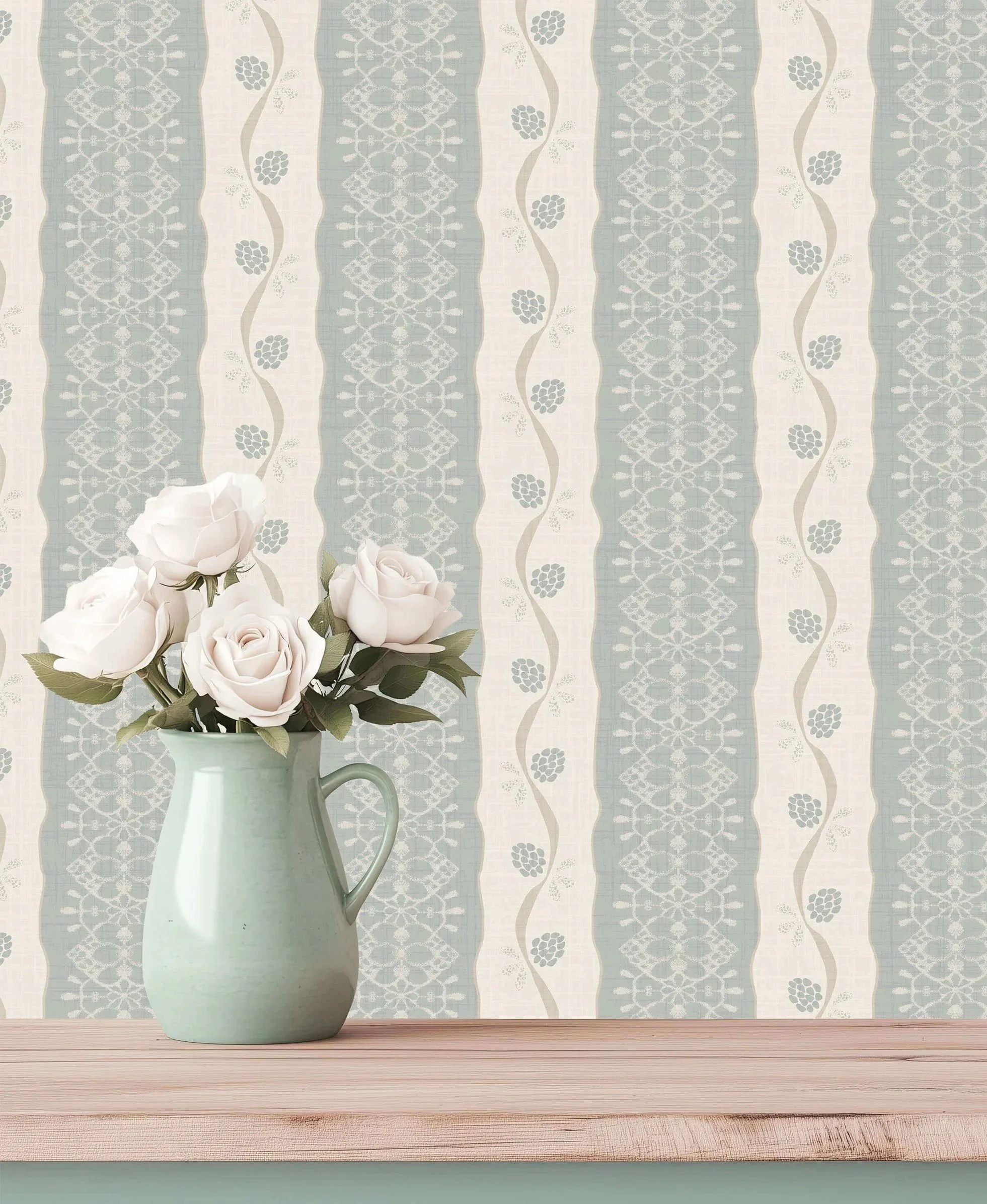 vintage cottage farmhouse style smoke blue grey and cream stripes featuring lace detail and blue berries on trailing ribbon vine set behind blue jug with white roses on wooden mantelpiece giving sweet innocent heritage vibes.