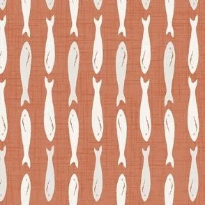 Sardines fish in a vertical pattern in cream on a bright terracotta background in a mediterranean style wallpaper design