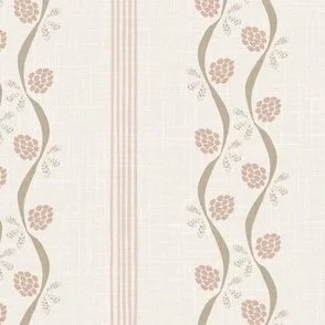 Cottage heritage pattern dusty pink berries on gold taupe ribbons on cream heritage drawn stripes