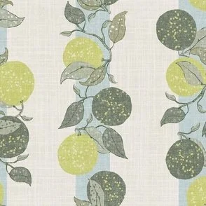 The pattern features vertical stripes with hand-drawn limes branching against a soft, textured background. The palette includes muted wasabi yellow, blues, and greens, creating a calm and fresh atmosphere