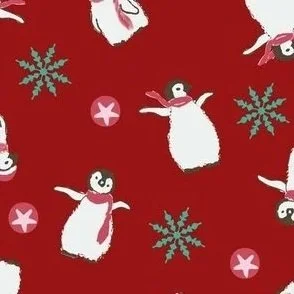 sweet white penguins with watercolor red scarves on tomato red with teal snowflakes