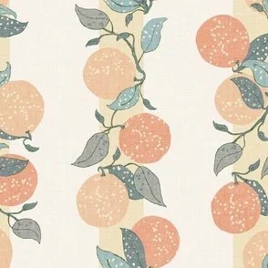 Farmhouse-style wallpaper in warm muted oranges and sage greens on cream with textured butter yellow stripes featuring citrus fruit and leafy branches,