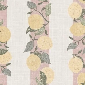 This pattern features hand-drawn lemons with leaves arranged in vertical stripes against a soft, textured background. The color palette includes muted yellows, greens, and soft terracotta, creating a calm and vintage-inspired vibe with a linen look.