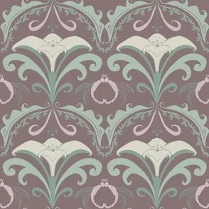 Art Nouveau Floral Lily and Dragonfly motifs on a muted purple background
