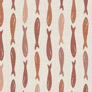 Sardines fish in a vertical pattern in muted terracotta on a creamy textured background in a mediterranean style wallpaper design