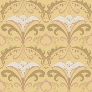 Vintage cosy stylised lily and dragonfly motifs on a golden yellow background in art nouveau style design
