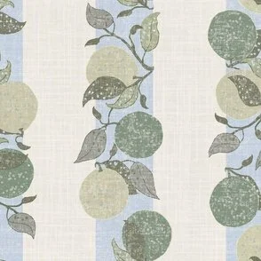 The pattern features vertical light blue stripes with hand-drawn limes branching against a soft, textured background. The palette includes muted yellows, blues, and greens, creating a calm and fresh atmosphere