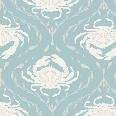 Ogee pattern of white crabs on a light blue background.