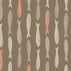 Sardines fish in a vertical pattern in soft beiges and accent terracotta clay on a soft coffee brown textured background in a mediterranean style wallpaper design
