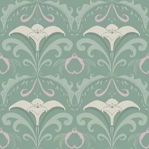White lily and Dragonfly motifs on muted green teal with pops of pink art nouveau stylised