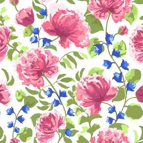 trailing Raspberry red peony blooms with lime and blue on White