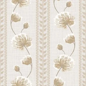 Universal Khaki Floral stripe Peonies in a trailing wavy stripe with Taupe khaki on cream pattern